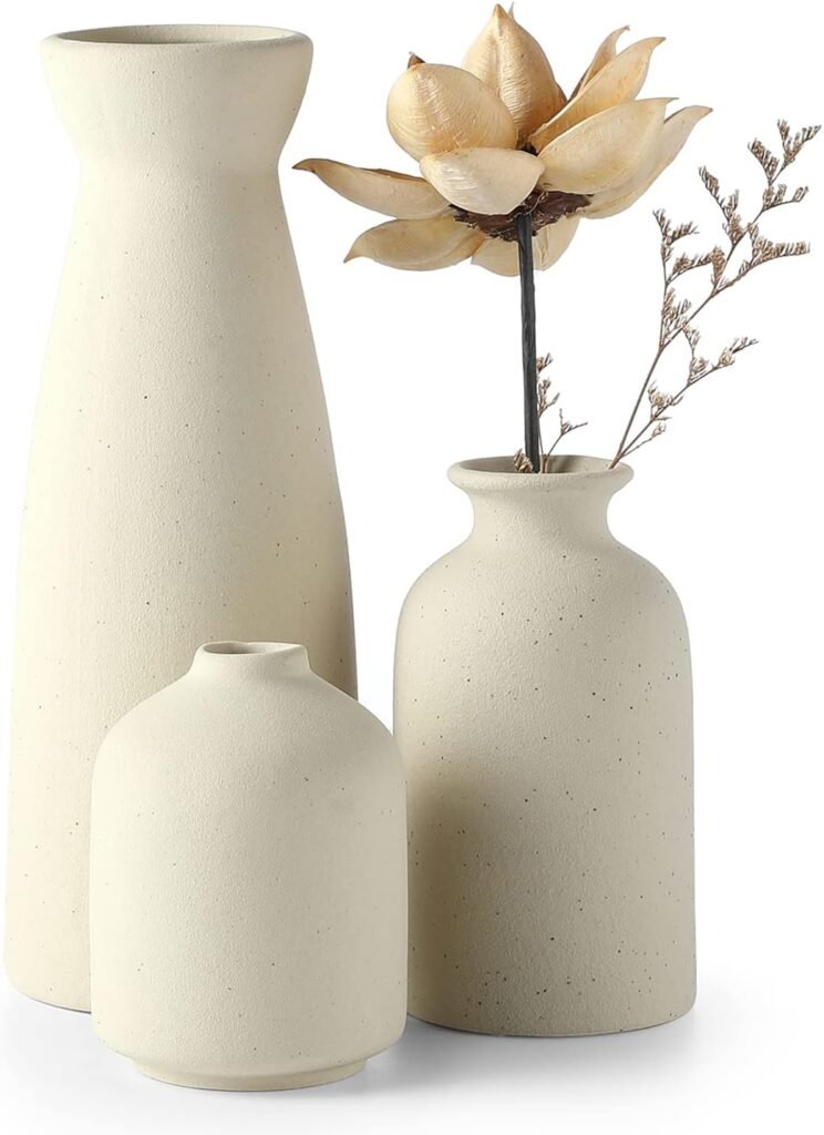 CEMABT Beige Ceramic vase Set-3 Small Flower vases for Decor,Modern Boho Farmhouse Home Decor,Decorative vase for Pampas GrassDried Flowers,idea Shelf ,Table,Bookshelf ,Entryway- Distressed