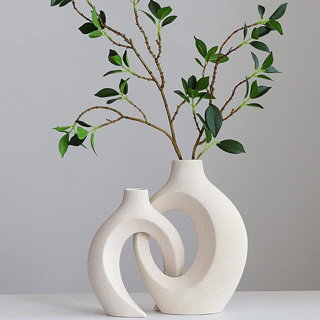 Ceramic Vase Set - 2 Flower Donut Modern Vases for Home Décor, Creative White Vases Minimalism Style Decor Vase Table Vase for Living Room Entryway Bookshelf Mantel Centerpieces Shelf