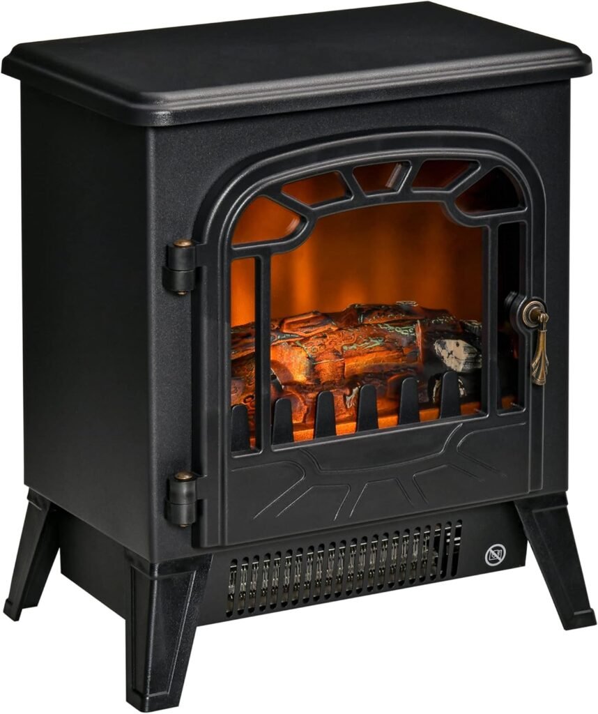 HOMCOM Freestanding Electric Fireplace Stove Heater with Realistic Flame Effect, Overheat Protection, 750W/1500W, Black