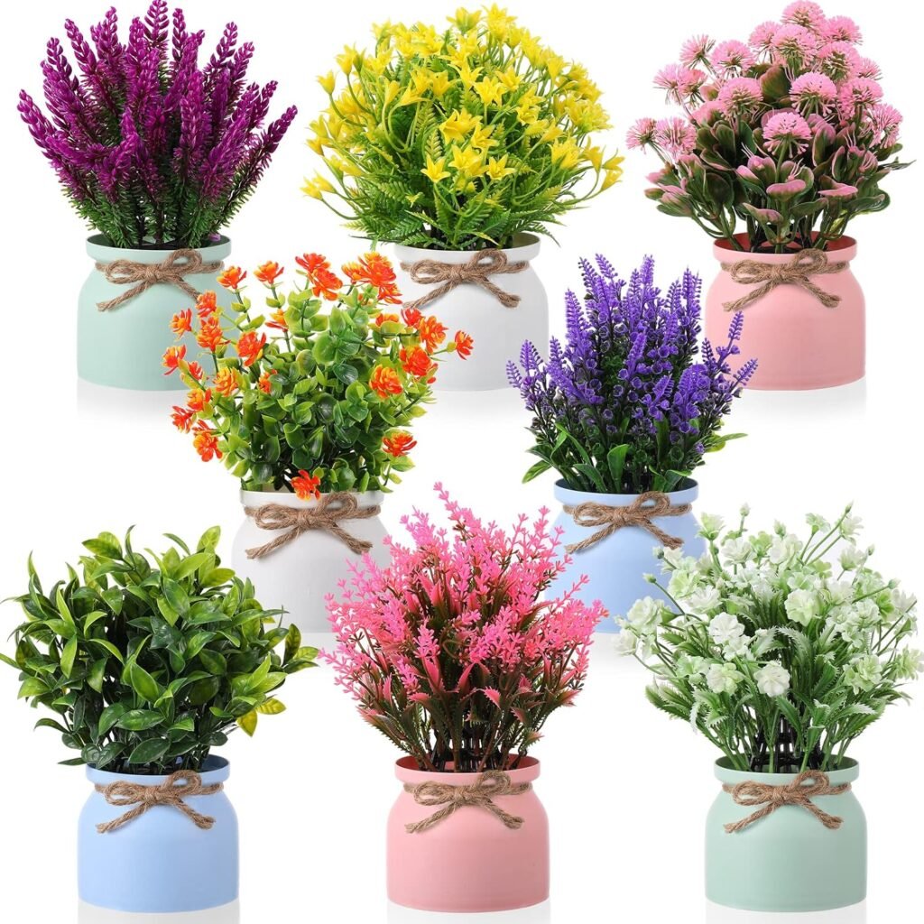 Artificial Potted Flowers Fake Potted Plants Plastic Faux Flowers for Home Decor Indoor Small Artificial Plants in Pots for Wedding Home Desk Tabletop Outdoor Office Kitchen (Fresh Style, 8 Pcs)