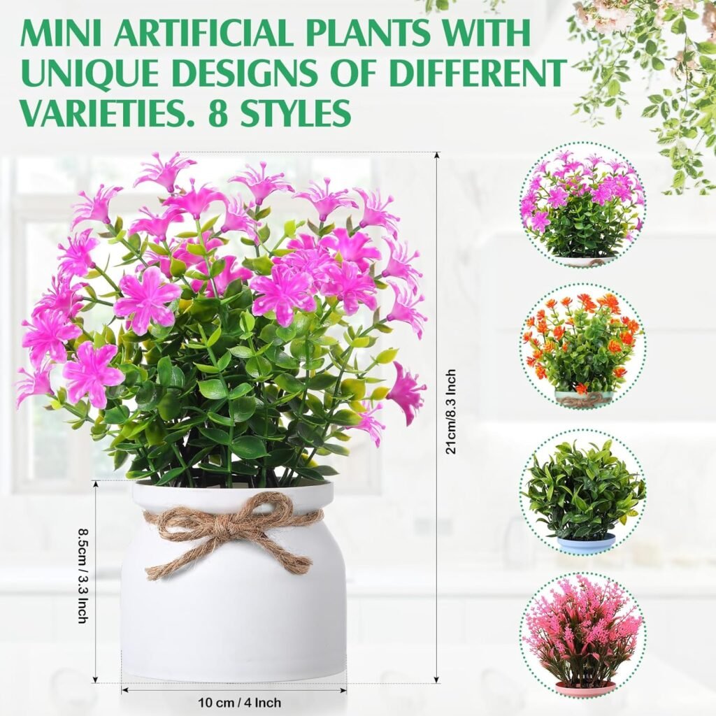 Artificial Potted Flowers Fake Potted Plants Plastic Faux Flowers for Home Decor Indoor Small Artificial Plants in Pots for Wedding Home Desk Tabletop Outdoor Office Kitchen (Fresh Style, 8 Pcs)