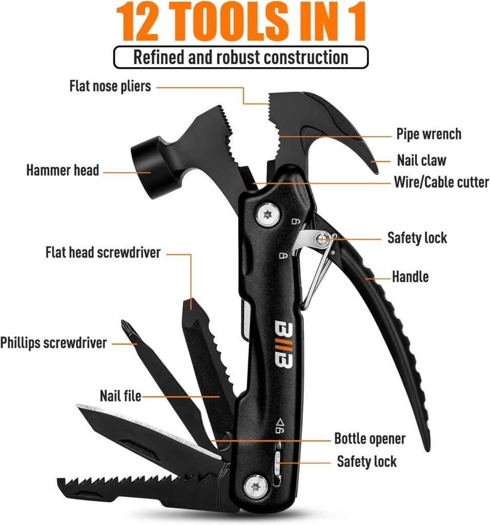 BIIB Stocking Stuffers Gifts for Men, 12 in 1 Multitool, Mens Gifts for Dad Him, Camping Accessories Dad Gifts from Daughter Son, Christmas Gifts for Men Who Have Everything Camping Gear Hammer Tools