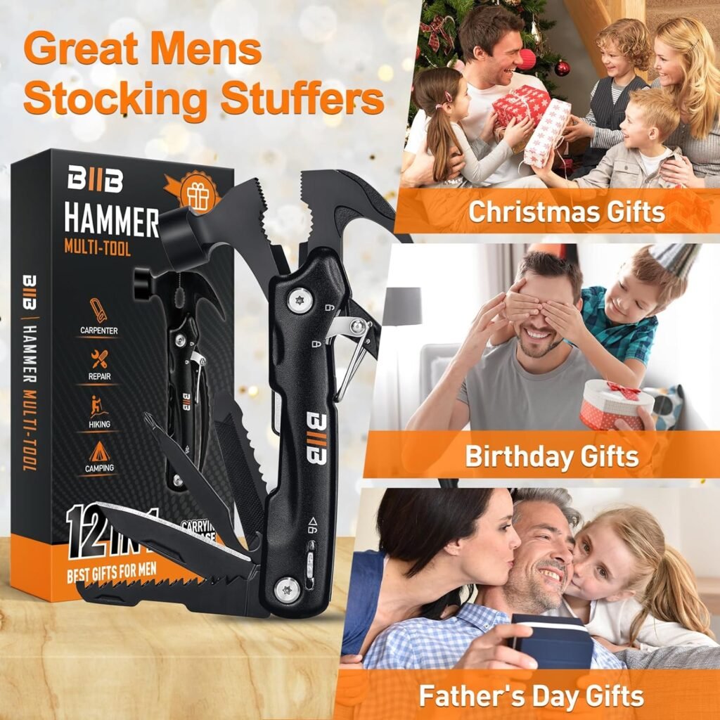 BIIB Stocking Stuffers Gifts for Men, 12 in 1 Multitool, Mens Gifts for Dad Him, Camping Accessories Dad Gifts from Daughter Son, Christmas Gifts for Men Who Have Everything Camping Gear Hammer Tools