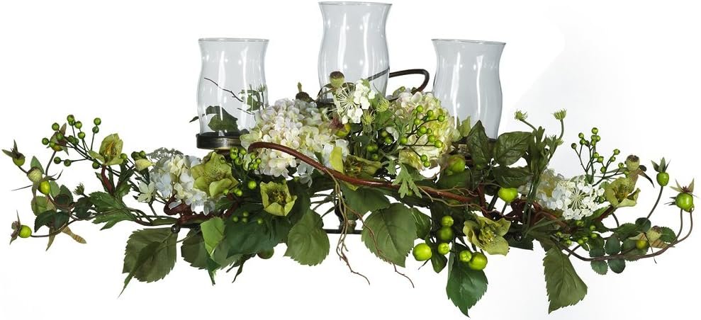 Nearly Natural 4634-CR Hydrangea Triple Candleabrum Centerpiece, Cream 29 x 10.25 x 10.25