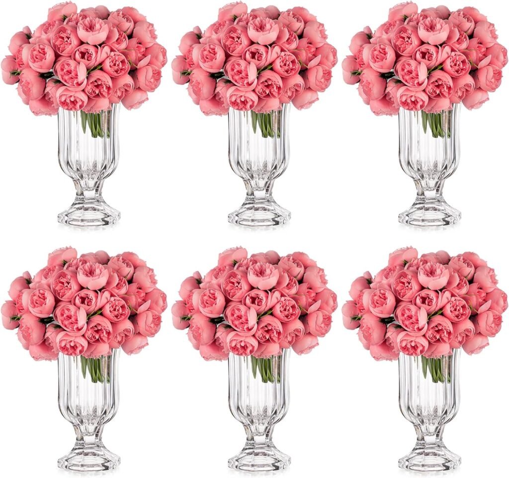 Small Flower Vases for Centerpieces, Hewory 7.4in Clear Glass Footed Pedestal Vase, Fluted Ribbed Compote Urns Vase, Cute Short Trumpet Vase for Wedding Birthday Anniversary Events Table Decor, 6pcs